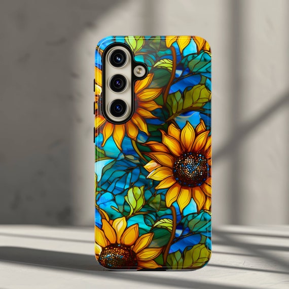 Artsy Sunflower Phone Case Samsung Galaxy S25, S24, S23, S22 Plus, Ultra, Google Pixel - Floral Mosaic Faux Stained Glass Flower Cover