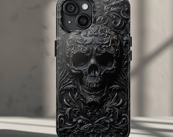 Black Gothic Skull Phone Case for iPhone 17, 16, 15, 14, 13, 12, 11, Pro, Pro Max, Plus -  Dark Academia Goth Skull Printed Flat Phone Cover