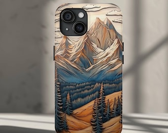 Mountain Wilderness Phone Case iPhone 16, 15, 14, 13, 12, 11, Pro, Pro Max, Plus - Faux Wood Effect Mountain Landscape Phone Cover