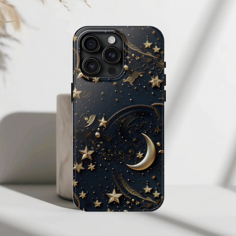 Starry Night Celestial Phone Case iPhone 16, 15, 14, 13, 12,  Pro, Pro Max, Plus, MagSafe - Moon Star Sky Luxury Nocturnal Though Cover