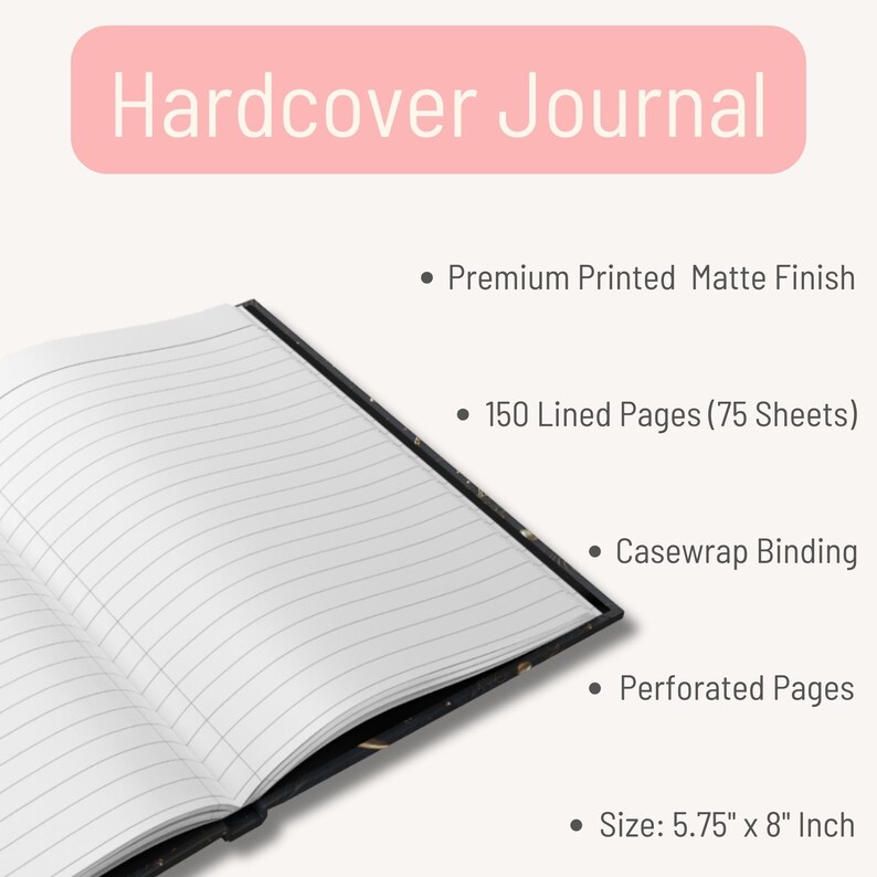 Peut inclure: Un journal &agrave; couverture rigide avec une couverture noire et dor&eacute;e. Il contient 150 pages lign&eacute;es, une reliure enveloppe et des pages perfor&eacute;es. Le journal mesure 14,6 cm par 20,3 cm.