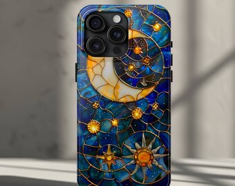 Stained Glass Moon Sun Phone Case Phone Case iPhone 17, 16, 15, 14, 13, 12, Pro Max, Plus - Celestial Stars Phone Cover Faux Stain Glass