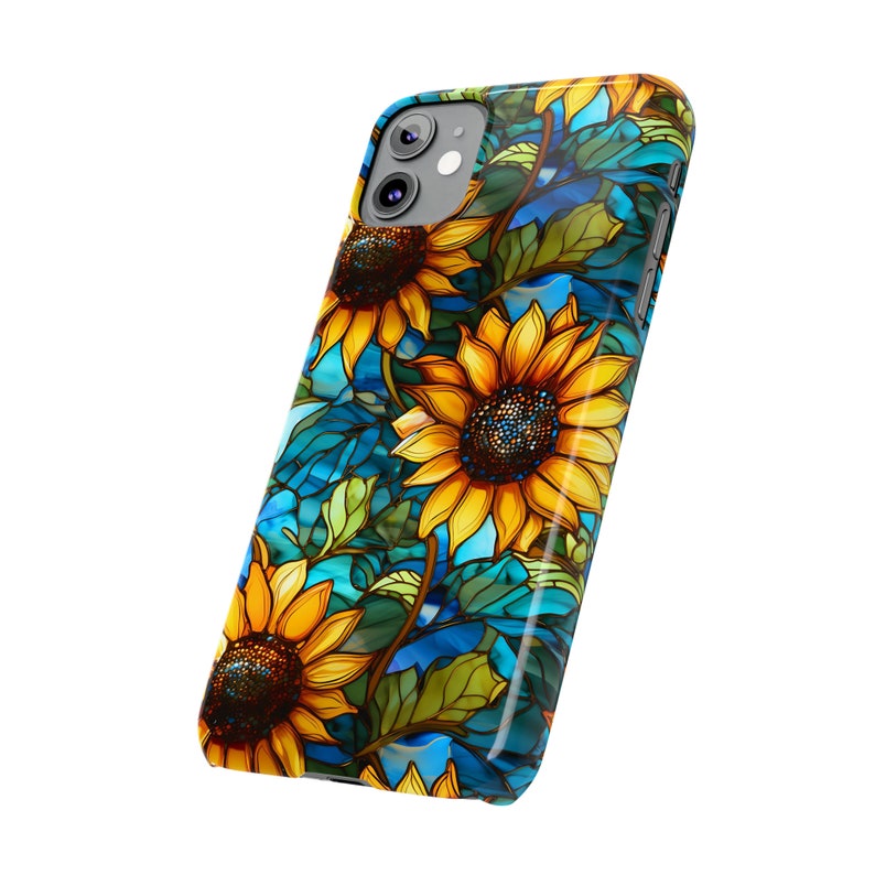 Stylish sunflower iPhone case with vibrant colors and stained glass detailing