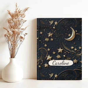 Custom starry night sky journal with a crescent moon, perfect for astrology enthusiasts and note-takers