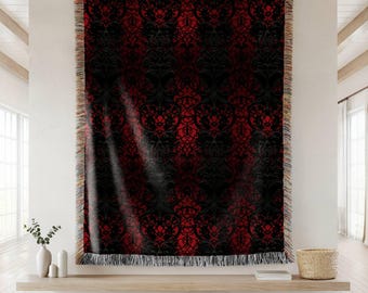 Gothic Vampire Woven Throw Blanket, Goth Damask Cotton Throw Blanket, Red Noir Victorian Grunge Wall Tapestry, Dark Academia Home Decor