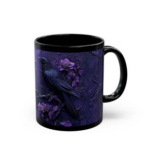Gothic Raven Black Mug, Purple Crows Coffee Mug, Gothic Raven Bird Tea Mug, Dark Fantasy Raven Flower Night Tea Cup - Halloween Gift, Goth