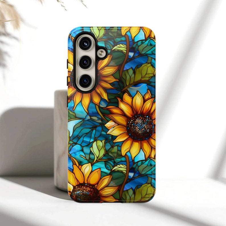 Artsy Sunflower Phone Case Samsung Galaxy S24, S23, S22 Plus, Ultra, Google Pixel - Elegant Floral Mosaic Faux Stained Glass Flower Cover
