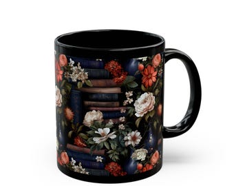 Floral Book Library Mug, Dark Academia Bookish Librarian Black Coffee Mug, Vintage Library Tea Mug, Witchy Book Shelf Tea Cup