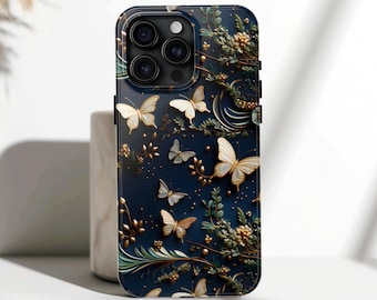 Golden Butterflies Phone Case iPhone 17, 16, 15, 14, 13, 12, Pro, Pro Max, Plus - 3D Butterflies & Leaves Though Phone Case Luxury Gold Dark