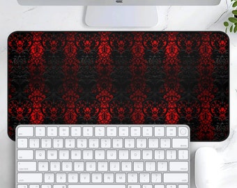 Goth Vampire Lace Desk Mat, Dracula Faux Red & Black Lace Mousepad, Gaming Playmat XL, Gothic Desk Pad, Keyboard Mouse Mat, Office Desk Mat