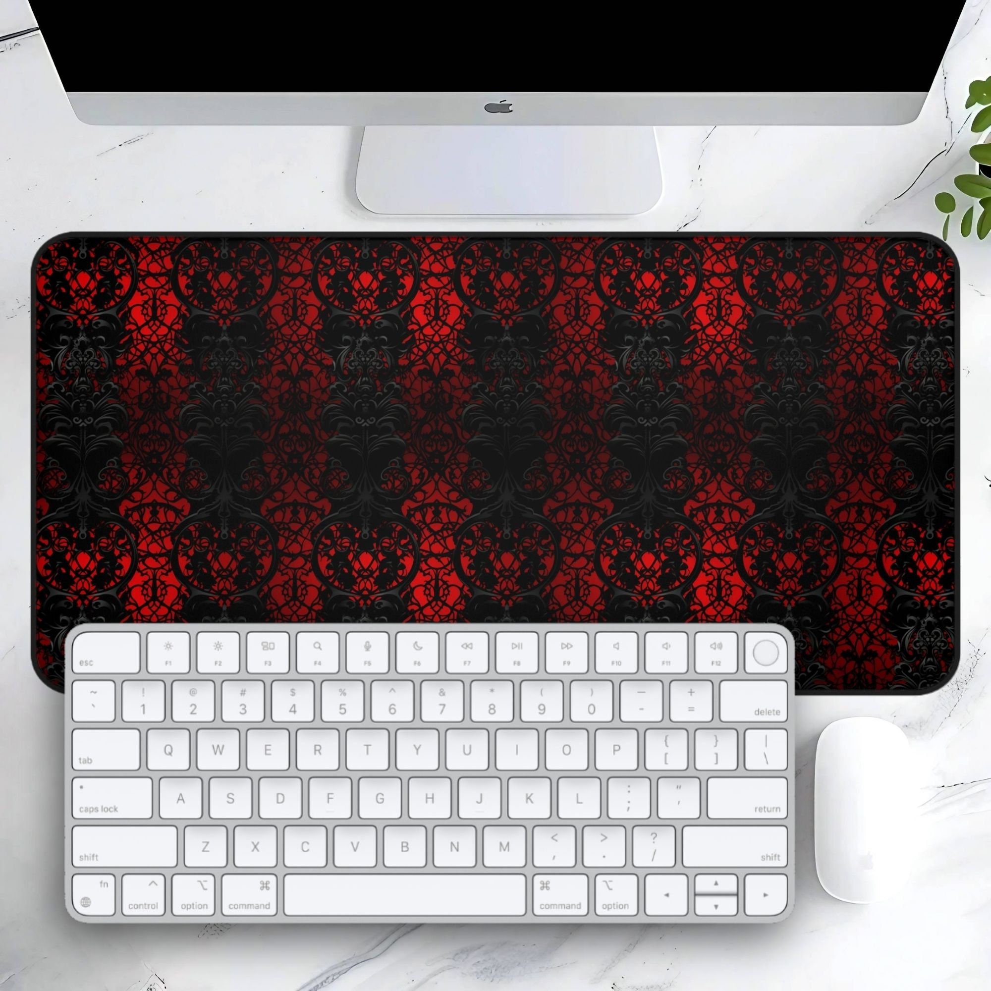 Goth Vampire Lace Desk Mat, Dracula Faux Red & Black Lace Mousepad
