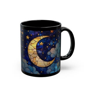 Celestial Night Sky Black Mug - Moon, Stars, Clouds Tea Cup, Astrology Coffee Mug,  Faux Stained Glass Design