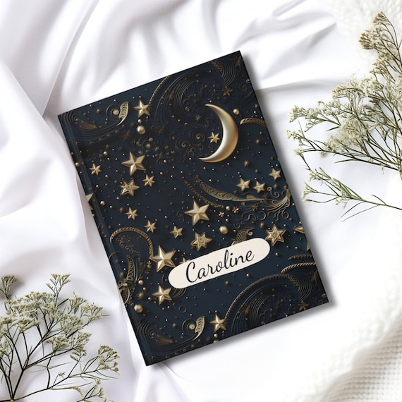 Moon and Stars Journal Personalized Hardcover Notebook Starry Night Sky Celestial Customized Lined Diary Book for Astrology Lovers