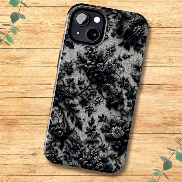 Vintage Lace Effect Phone Case For iPhone 15, 14, 13, 12, 11, X, XS, XR, Pro, Pro Max, Plus - Chic Gothic Black Floral Lace Phone Cover
