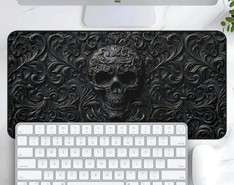 Black Gothic Skull Desk Mat, Dark Goth Skull Printed Flat Mouse Pad, Gaming Playmat XL, Skeleton Macabre Desk Pad, Skull Keyboard Mouse Mat
