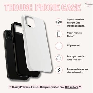May include: White phone case with a glossy finish. The case is compatible with wireless charging and offers dual layer protection. It also features UV protection and impact resistance.