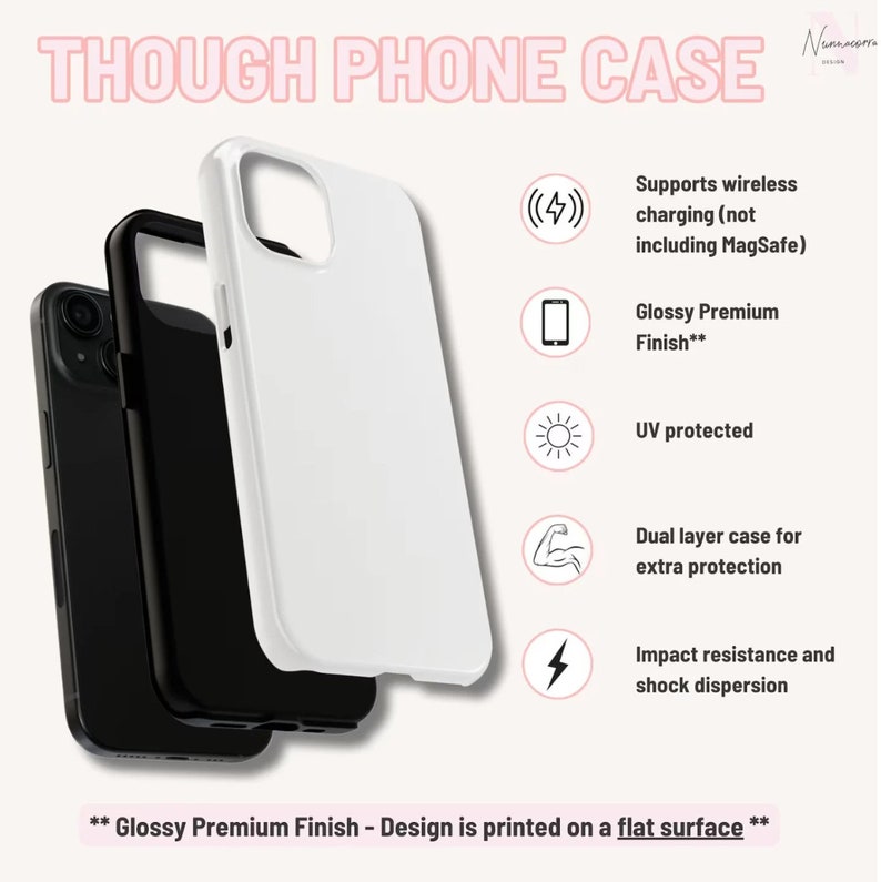 May include: White phone case with a glossy finish. The case is compatible with wireless charging and offers dual layer protection. It also features UV protection and impact resistance.