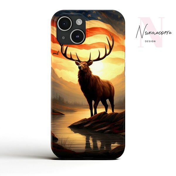 American Elk Phone Case iPhone 15, 13, 14, 12, 11, Pro, Pro Max, Plus - Patriotic Wildlife Phone Cover Deer at Sunset with US Flag Backdrop