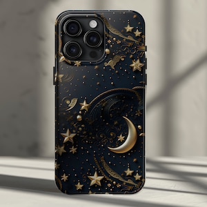 Starry Night Celestial Phone Case iPhone 15, 14, 13, 12, 11, Pro, Pro Max, Plus - Moon Star Sky Design Luxury Nocturnal iPhone Though Cover