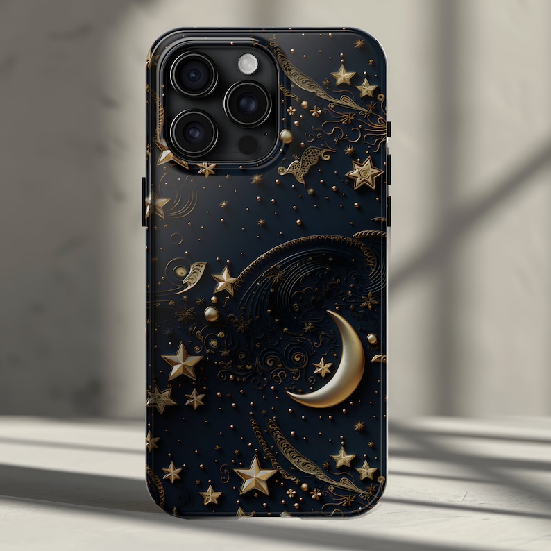 Starry Night Celestial Phone Case iPhone 15, 14, 13, 12, 11, Pro, Pro Max, Plus - Moon Star Sky Design Luxury Nocturnal iPhone Though Cover
