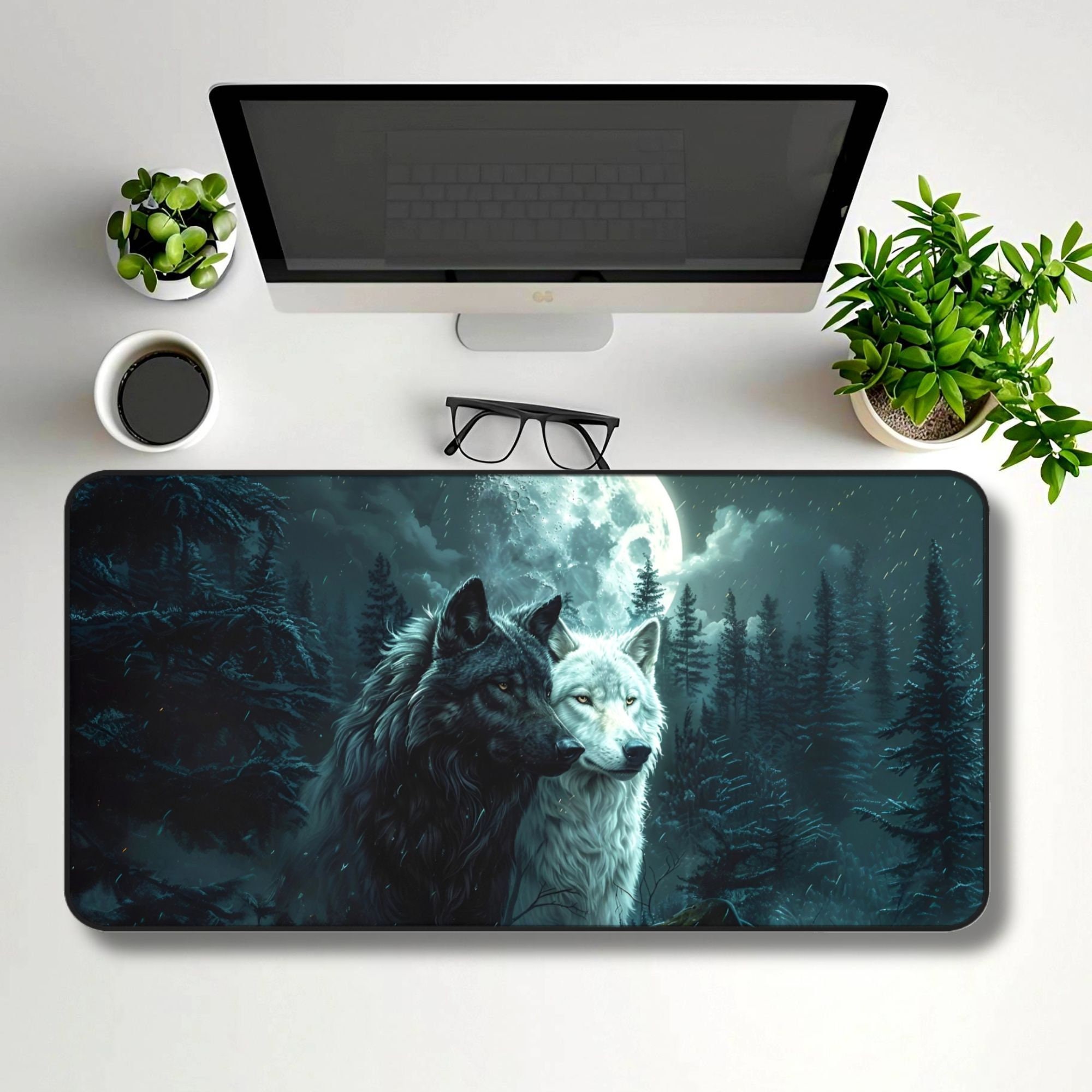 Night Wolf Desk Mat, Black and White Wolves Mousepad, Gaming Playmat XL ...