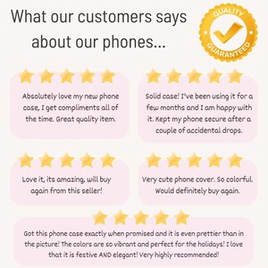 May include: Five customer reviews for phone cases. Each review includes a five-star rating and a short description of the product. The reviews highlight the quality, design, and protection of the phone cases.