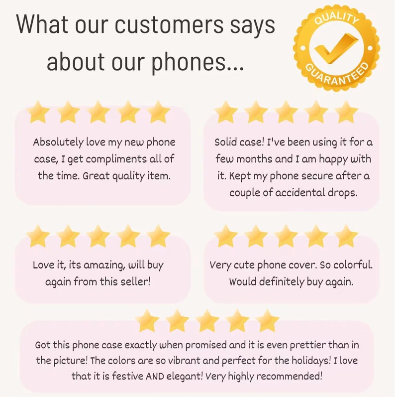 May include: Five customer reviews for phone cases. Each review includes a five-star rating and a short description of the product. The reviews highlight the quality, design, and protection of the phone cases.