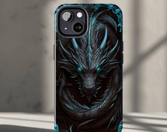 Gothic Ice Dragon Phone Case for iPhone 17, 16, 15, 14, 13, 12, 11, Pro, Pro Max, Plus, Air - Icy Blue Black Dragon Fantasy Phone Cover