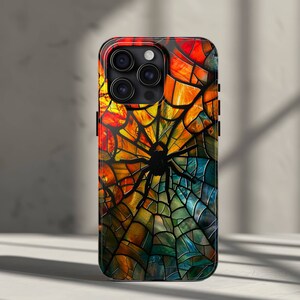 Goth Halloween Spider Phone Case for iPhone 16, 15, 14, 13, 12, Pro, Pro Max, Plus - Faux Stained Glass Spider Web Cover Spooky Halloween