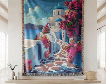 Santorini Greece Woven Throw Blanket, Greek Island Cotton Throw, European Vacation Travel Wall Tapestry, Mediterranean Coastal Home Decor