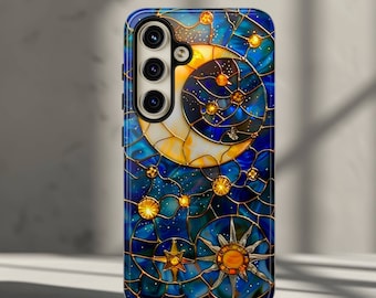 Stained Glass Moon Sun Phone Case for Samsung Galaxy S26, S25, S24, S23, S22, Plus, Ultra, Google Pixel - Celestial Stars Phone Cover