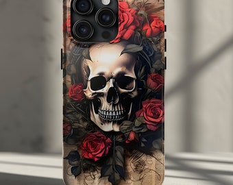 Vintage Floral Skull Phone Case iPhone 18, 17, 16, 15, 14, 13, 12, 11, X, Pro, Pro Max, Plus - Victorian Skull With Red Roses Though Cover