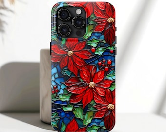 Christmas Poinsettia Phone Case iPhone 17, 16, 15, 14, 13, 12, Pro, Pro Max, Plus - Festive Red Christmas Flower Cover Faux Stained Glass