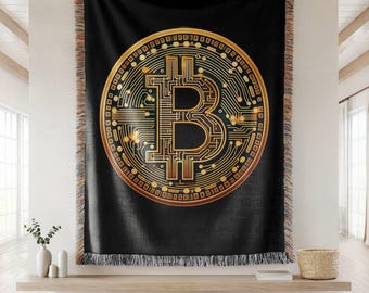 Couverture tissée cryptée Bitcoin, jeté en coton BTC doré, tapisserie murale crypto-monnaie, cadeau de décoration d'intérieur technologie moderne pièce cryptée