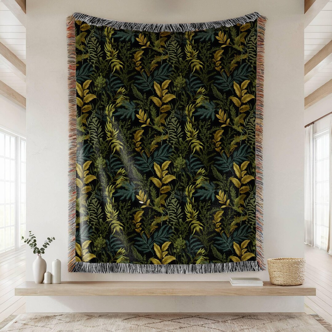 Forest Fern Woven Throw Blanket, Dark Botanical Cotton Throw, Green ...