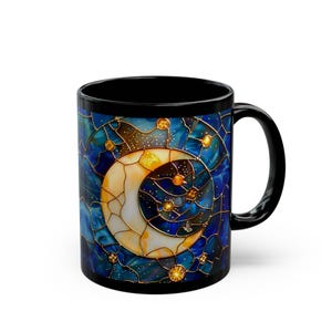 Stained Glass Moon Mug, Celestial Stars Black Coffee Mug, Luna Night Sky Tea Mug, Astrology Moonlit Tea Cup, Mystical Lunar Witchy Boho Mug