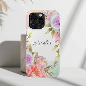 Custom Name Floral Phone Case for for iPhone 16, 15, 14, 13, 12, 11, Pro, Plus, Pro Max, Mini - Personalized Watercolor Flowers Phone Cover