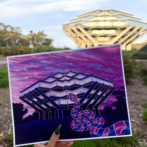 May include: A print featuring a stylized illustration of a building with a snake. The artwork showcases a building with a unique architectural design, set against a purple and blue sky with stars and a crescent moon. A colorful snake is in the foreground.