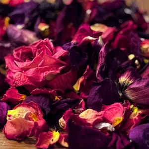 May include: A collection of dried rose petals and flower heads in shades of deep purple, magenta, and vibrant pink. The petals exhibit a curled, textured appearance with some yellow and orange highlights visible on the edges of the dried foliage.
