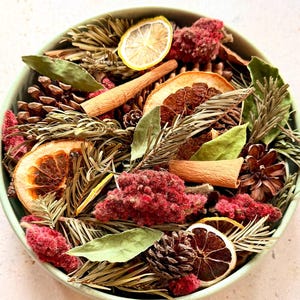 Op de afbeelding: Een ronde, lichtgroene kom gevuld met een potpourri-mix van gedroogde sinaasappel- en citroenschijfjes, bruine dennenappels, kaneelstokjes, groene laurierblaadjes, dennennaalden en clusters van getextureerde, donkerrode botanische elementen.