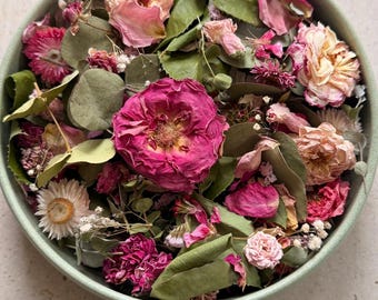 Rose & Eucalyptus Potpourri. Home Grown, Organic Dried Flower arrangement. Choice of Scent