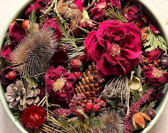 Winter-Potpourri mit bordeauxroten Rosen | Schalenfüller mit Kiefernzapfen & Beeren | Weihnachtsdeko natürlich, Bio