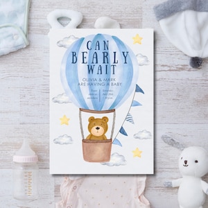 Teddy Bear Baby Shower Invitation Boy, Hot Air Balloon Baby Invite, Blue Brown Editable Template, Gender Neutral Digital Download
