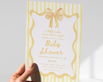 Yellow Baby Shower Invitation, Bow Baby Invite Editable Template, Gender Neutral or Girl, Digital Download, Coquette Core Design