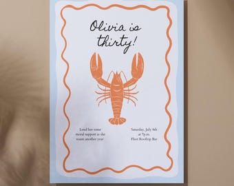 Customizable Classic Lobster Birthday Invitation W Pastel Blue Stripes, Baby Shower Invitation, lobster Invitation, INSTANT DOWNLOAD