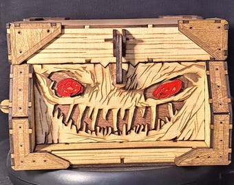 Discover the Perfect Blend of Craftsmanship and Fantasy with our Laser-Cut Wood Mimic Monster Chest!