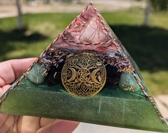 Orgone Pyramid, Energy Protection, Cleansing, EMF Shielding Energy, Rose Quartz, Obsidian, Shungite, Green Aventurine, Tensor Ring, Resin