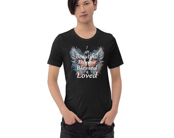 Unisex t-shirt, Angel wings, Wings, Rainbow colors, I am beautiful, Divine, and Loved, 100% cotton, 13 color options
