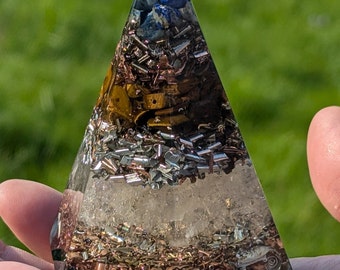 Orgone Pyramid, Energy Protection, Cleansing, EMF Shielding Energy, Lapis Lazuli, Tiger Eye, Quartz, Copper, Steel, Brass, Bronze, Aluminum