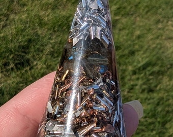 Orgone Pyramid, Energy Protection, Orgonite, EMF Shielding Energy, Labradorite, Tiger Eye, Green Moss Agate, Shungite, Resin